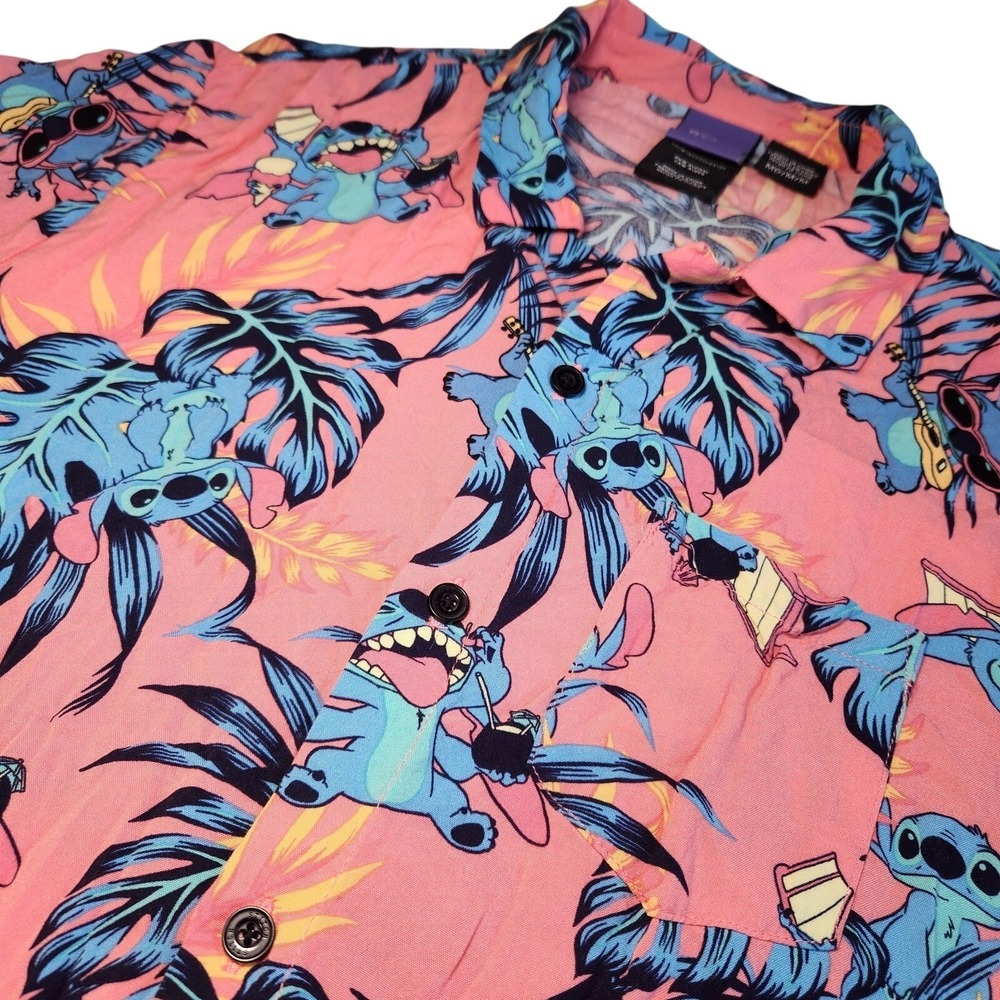 DISNEY Lilo & Stitch Hawaiian Shirt Mens Medium Pink Blue Button Up Short Sleeve